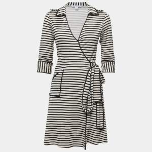 Pre Owned Diane Von Furstenberg Cream/Black Silk Striped Faith Wrap Dress M