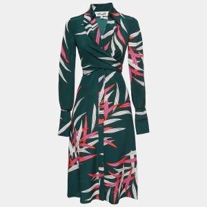 Pre Owned Diane Von Furstenberg Green Printed Silk Knot-Detail Midi Dress XS