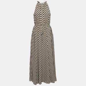 Pre Owned Diane Von Furstenberg  Beige Geometric Print Crepe Halter Neck Maxi Dress L