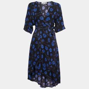Diane Von Furstenberg Black/Blue Floral Printed Silk Wrap Midi Dress XS