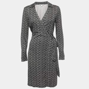 Diane von Furstenberg Black Printed Jersey-Silk Jeanne Wrap Dress L