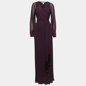 Diane Von Furstenberg Deep Purple Pleated Chiffon Wrap Maxi Dress M