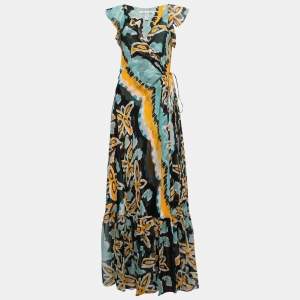 Pre Owned Diane Von Furstenberg Multicolor Printed Silk Ruffled Wrap Maxi Dress M