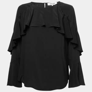 Diane Von Furstenberg Black Silk Ruffle Detail Blouse S
