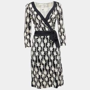 Diane Von Furstenberg Black Patterned Taurus Silk Wrap Midi Dress L