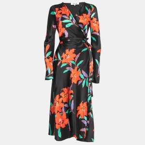 Diane Von Furstenberg Black Floral Printed Silk Satin Wrap Midi Dress M
