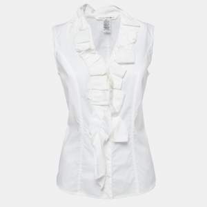 Pre Owned Diane Von Furstenberg White Cotton Ruffle Detailed Sleeveless Top S