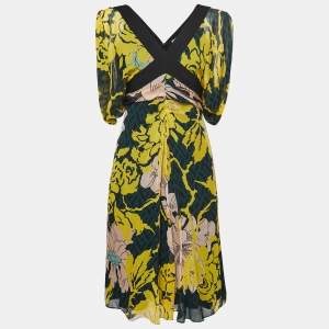 Pre Owned Diane Von Furstenberg Black Printed Silk Chiffon Ruffle Detail Midi Dress S