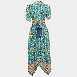 Pre Owned Diane Von Furstenberg Green Printed Crepe Button Front Asymmetrical Maxi Dress S