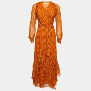 Pre Owned Diane Von Furstenberg Orange Tiger Printed Silk Chiffon Wrap Asymmetrical Long Dress S