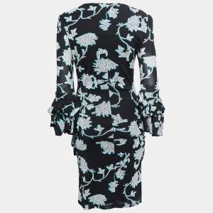 Pre Owned Diane Von Furstenberg Black Printed Mesh Wrap Detail Mini Dress L