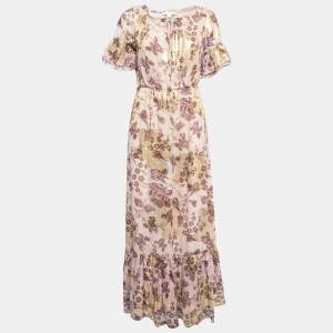 Pre Owned Diane Von Furstenberg Dusty Pink Printed Silk & Lurex Ruffle Detailed Maxi Dress S
