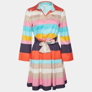 Pre Owned Diane Von Furstenberg Multicolor Striped Cotton Belted Midi Dress S