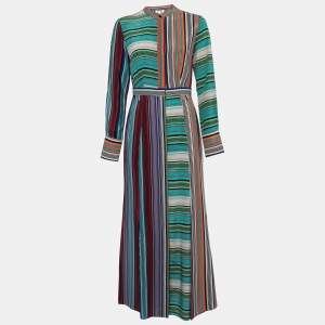 Diane Von Furstenberg Multicolor Striped Silk Button Front Flared Shirt Maxi Dress S