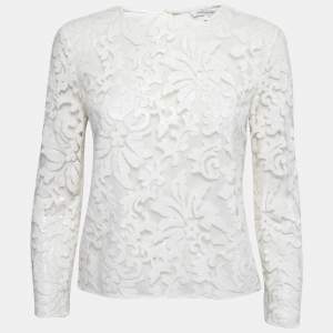 Pre Owned Diane Von Furstenberg White Floral Sequin Embellished Nylon Long Sleeve Top S