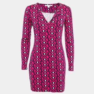 Diane Von Furstenberg Pink/navy Blue Printed Knit Full Sleeve Mini Dress S
