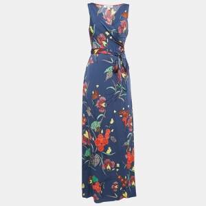 Diane Von Furstenberg Blue Floral Printed Silk Sleeveless Wrap on Maxi Dress S