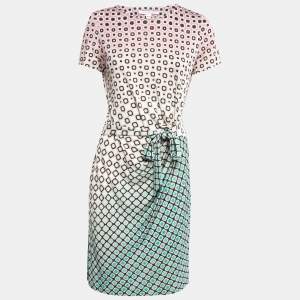 Pre Owned Diane Von Furstenberg Multicolor Printed Knit Draped Tie Detail Short Dress M