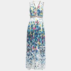 Pre Owned Diane Von Furstenberg Multicolor Printed Silk Chiffon Gathered Sleeveless Maxi Dress M