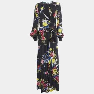 Diane Von Furstenberg Black Floral Print Silk Belted Waist Maxi Dress M