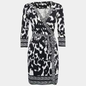 Diane Von Furstenberg Black Printed Silk Knit Tallulah Wrap Mini Dress M