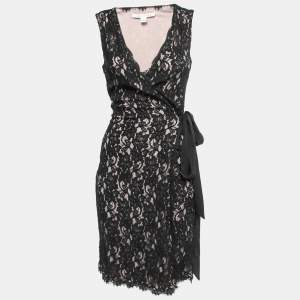 Diane Von Furstenberg Black Floral Lace Sleeveless Wrap Short Dress M