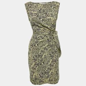 Diane Von Furstenberg Yellow Printed Silk Draped Sleeveless Short Dress S