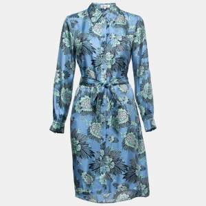 Diane Von Furstenberg Blue Printed Silk Belted Shirt Dress M