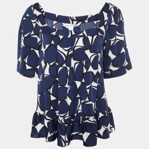 Pre Owned Diane Von Furstenberg Navy Blue Printed Silk Top L