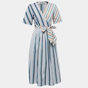 Pre Owned Diane Von Furstenberg Grey/Peach Striped Cotton Wrap Midi Dress S
