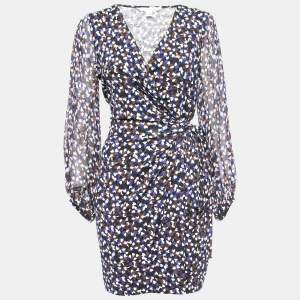 Pre Owned Diane Von Furstenberg Navy Blue Printed Cotton & Silk Sigourney Wrap Dress M