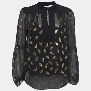Pre Owned Diane Von Furstenberg Black/Gold Silk Jacquard Isolde Blouse S