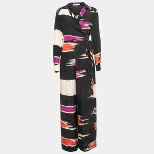 Diane Von Furstenberg Black Printed Silk Wrap Effect Jumpsuit L