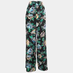 Diane Von Furstenberg Black Floral Printed Crepe Wide Leg Pants M 