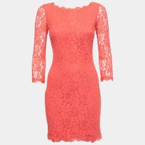 Diane Von Furstenberg Coral Pink Lace Long Sleeve Mini Dress S