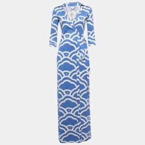 Diane Von Furstenberg Blue Patterned Silk Knit Long Sleeve Wrap Maxi Dress XS