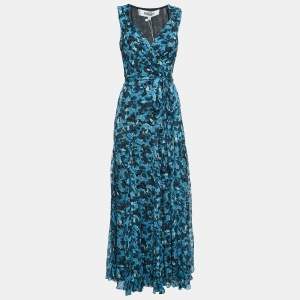 Pre Owned Diane Von Furstenberg Blue Floral Print Chiffon Sleeveless Wrap Maxi Dress XS