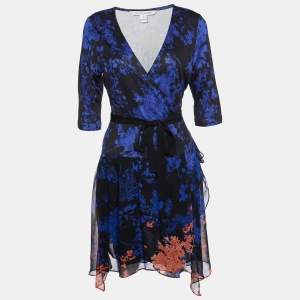 Diane von Furstenberg Black & Navy Blue Floral Printed Knit & Chiffon Riviera Wrap Dress M