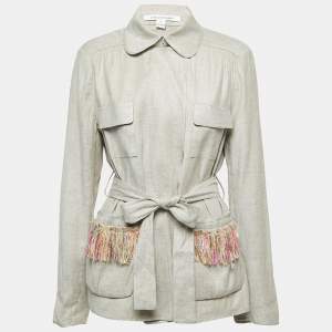 Diane Von Furstenberg Grey Linen Blend Open Front Belted Coat XL