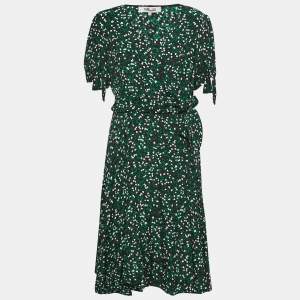 Diane Von Furstenburg Black Printed Silk Waist Tie Detail Flared Midi Dress XL