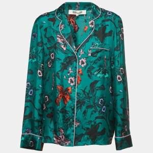 Pre Owned Diane Von Furstenberg Dark Green Floral Print Silk Pajama Shirt M