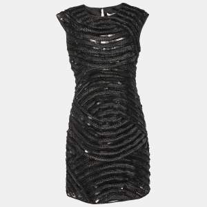 Pre Owned Diane Von Furstenberg Black Embellished textured Silk Aja Mini Dress L