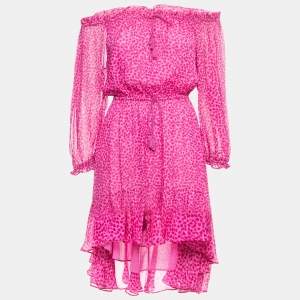Diane Von Furstenberg Pink Camila Print Silk Off Shoulder Asymmetrical Dress XS