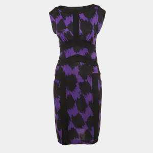 Pre Owned Diane Von Furstenberg Black Print Silk Knit Sleeveless Short Dress S