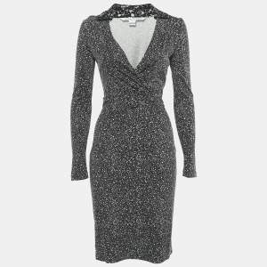 Pre Owned Diane Von Furstenberg Black/White Abstract Printed Jersey Wrap Dress S