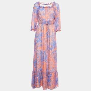 Pre Owned Diane Von Furstenberg Blue/Red Printed Chiffon Maxi Dress M