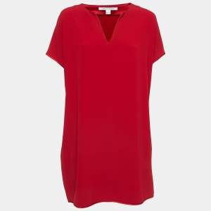 Pre Owned Diane Von Furstenberg Red Crepe V-Neck Mini Dress S