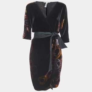 Pre Owned Diane Von Furstenberg Multicolor Velvet Printed Wrap Dress M