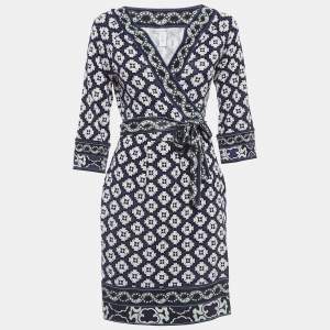 Diane Von Furstenberg Pink/Blue Printed Silk Wrap Midi Dress