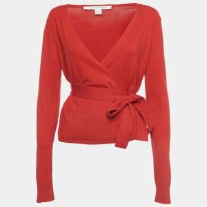 Diane Von Furstenberg Red Silk Blend Knit Ballerina Wrap Sweater M